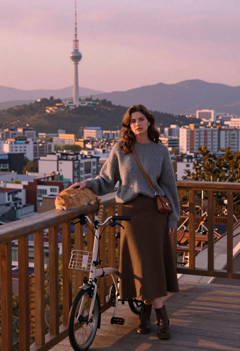 Woman Stands Wooden Deck Overlooking Sprawling City Sunset With Television