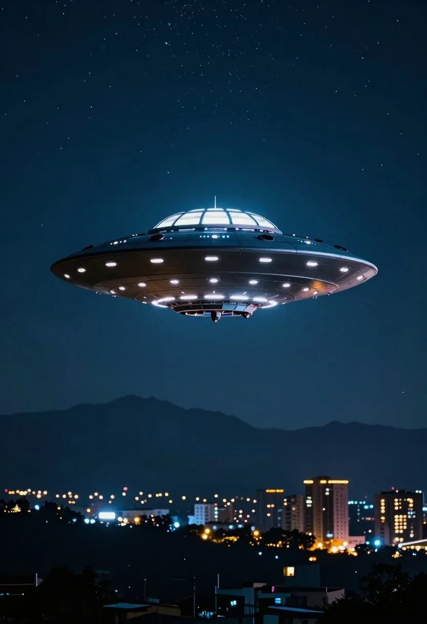 Subject Classic Saucer-shaped Ufo Hovering The Night Sky With Glowing