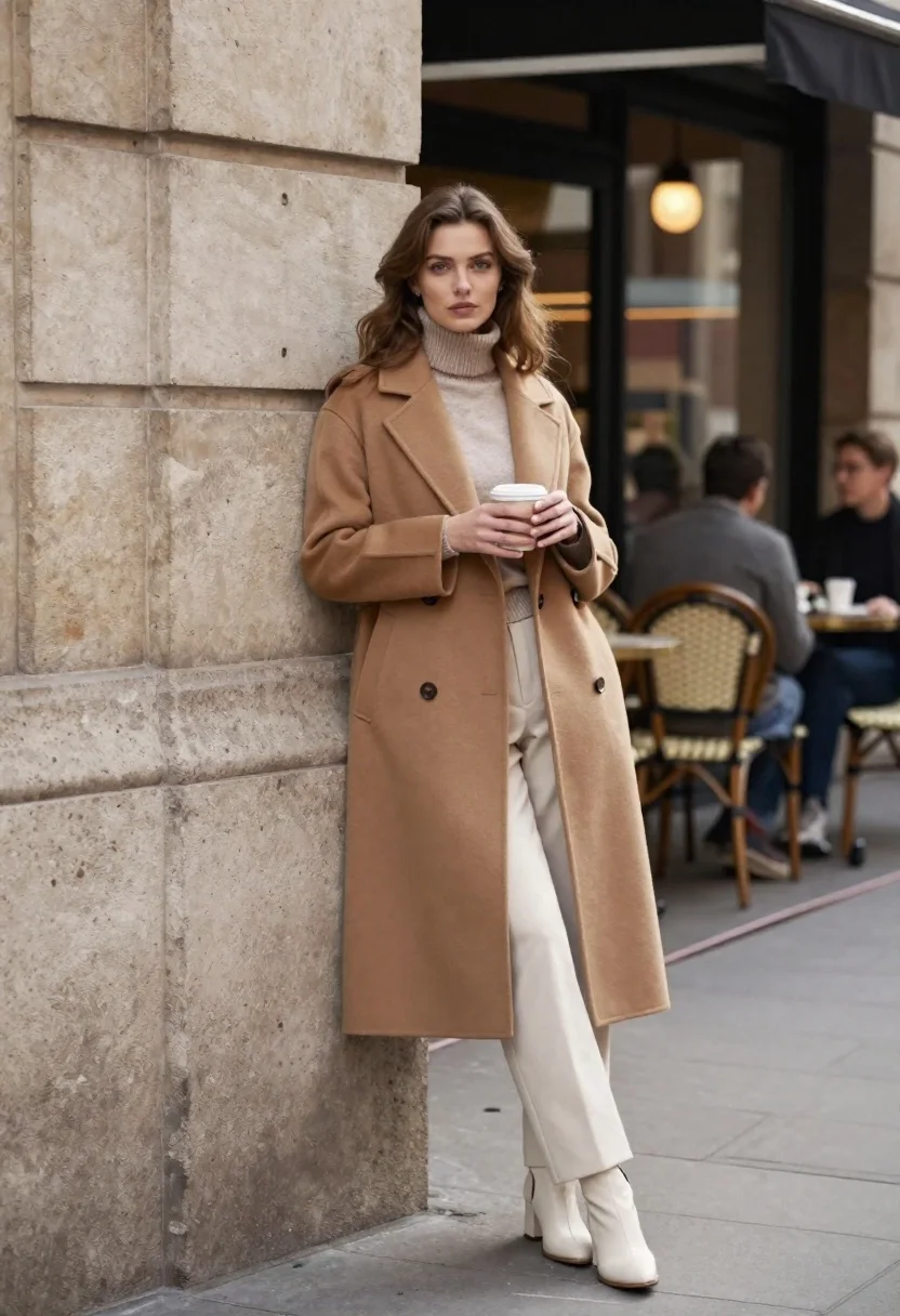 Stylish Young Woman Stands Leaning Against Textured Stone Building Corner