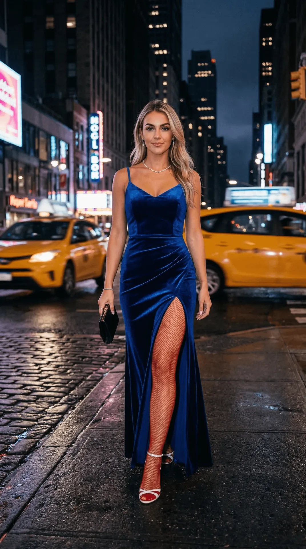 Blue Velvet Gown On Wet City Street