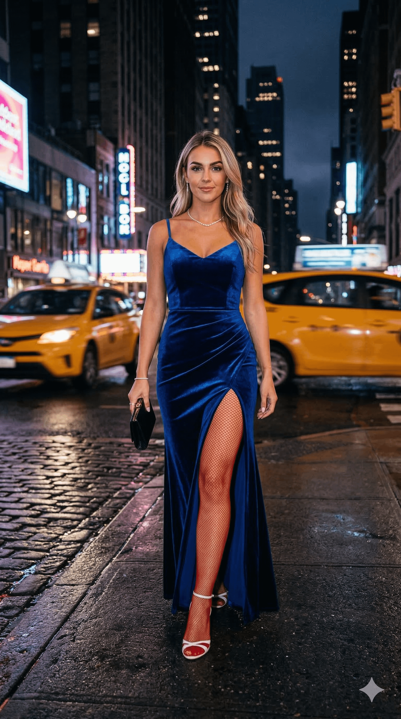 Blue Velvet Gown On Wet City Street
