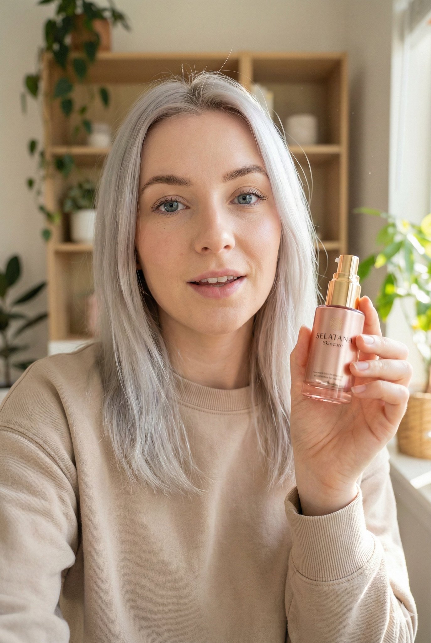 Young woman with fair skin and shoulder-length silver-blonde hair, holding a rose-gold skincare serum bottle in a bright home setting.