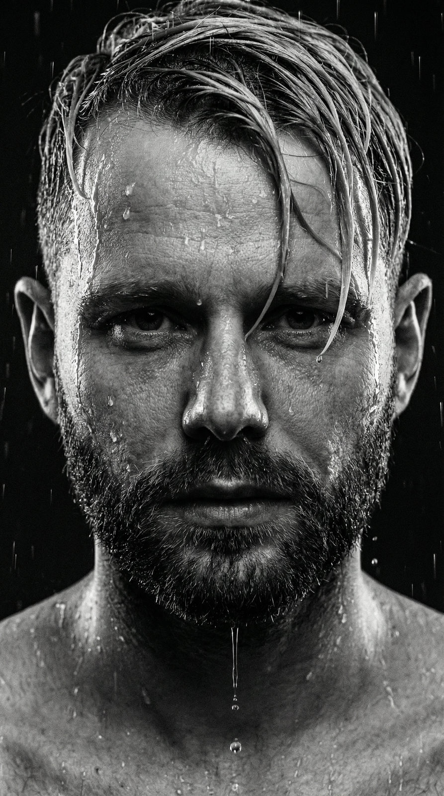 A dramatic black and white portrait of a wet face with water droplets, showcasing deep shadows and highlights.
