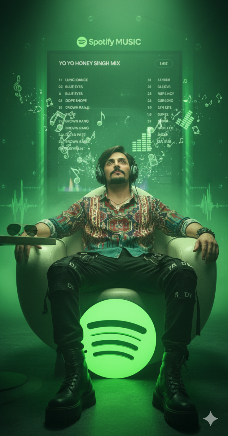 A man with specific hairstyle sitting on a 3D Spotify Music logo wearing headphones, enjoying music with glowing symbols around him.