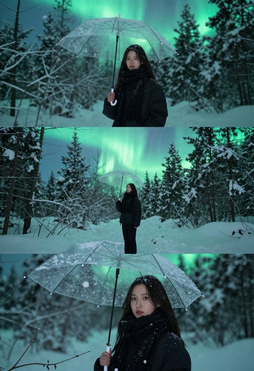 A woman in a snowy forest illuminated by the aurora borealis, holding a transparent umbrella, surrounded by softly falling snowflakes.