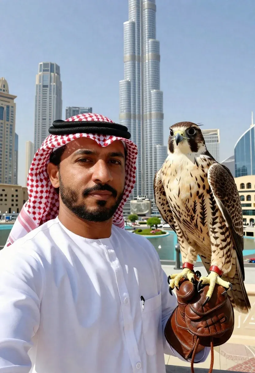High-resolution Selfie Portrait Man Traditional Arab Attire Holding Large Falcon
