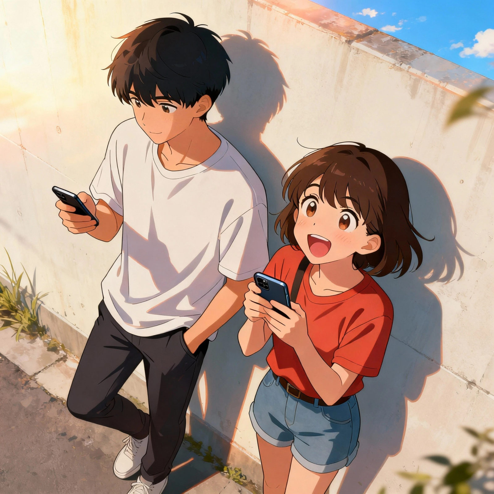 Two teenagers standing against a wall, one holding a mobile phone with excitement while the other keeps his phone in his pocket.