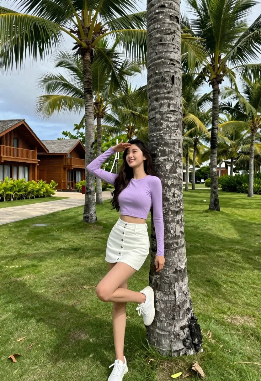 Young Woman Stands Lush Green Lawn Posing Playfully Front Tall reference photo