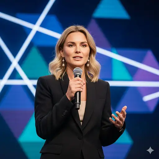Professional Photo Confident Woman Speaking Leadership Event Paris Holding Microphone