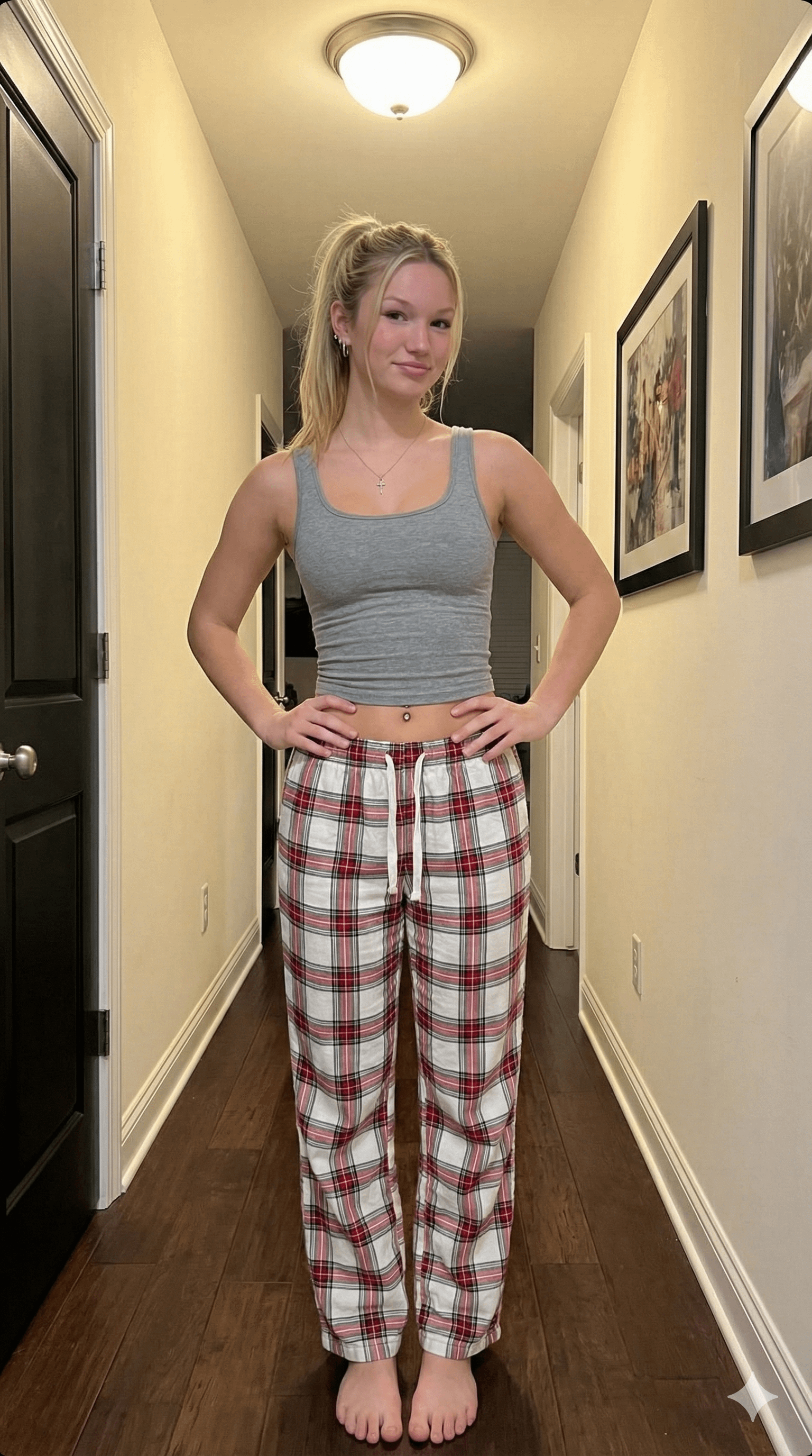 Plaid Pajamas Hallway Barefoot Pose