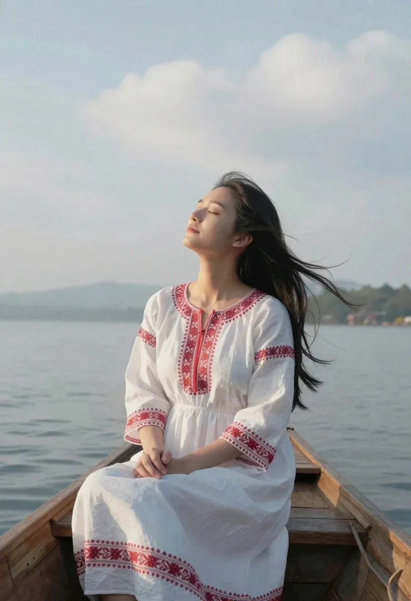 Serene Woman Sits Wooden Boat Calm Water With Her Eyes