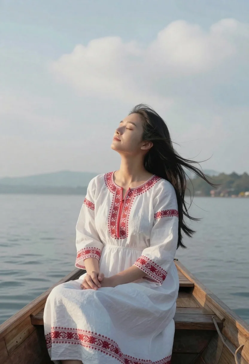 Serene Woman Sits Wooden Boat Calm Water With Her Eyes