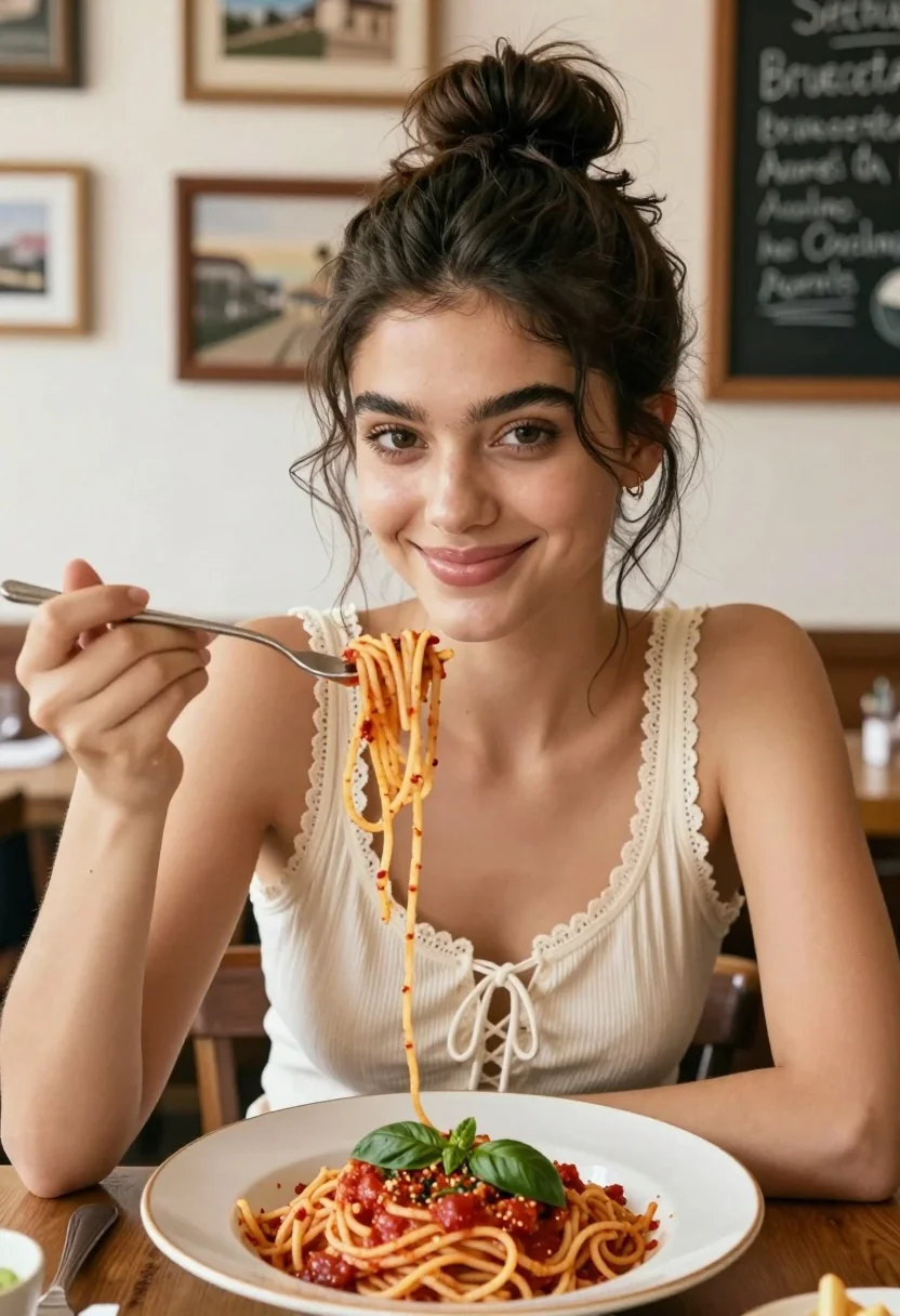 A young woman with dark hair in a messy bun smiles warmly, holding spaghetti against a softly blurred background.
