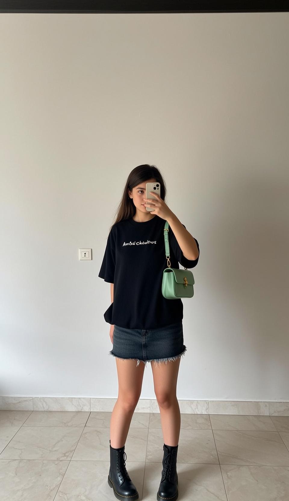 Black Shirt Straight Hair Mirror Selfie