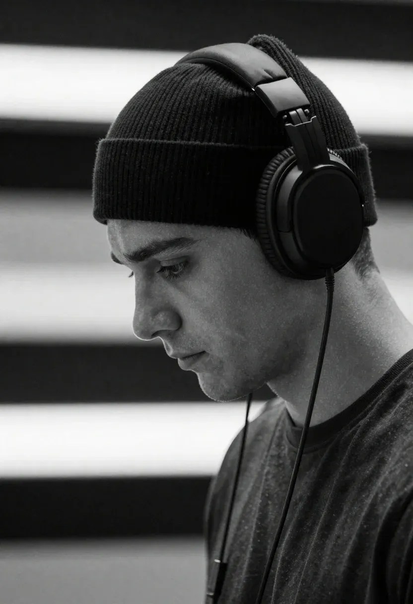 Young Man Profile Wearing Large Over-ear Headphones And Beanie Looks