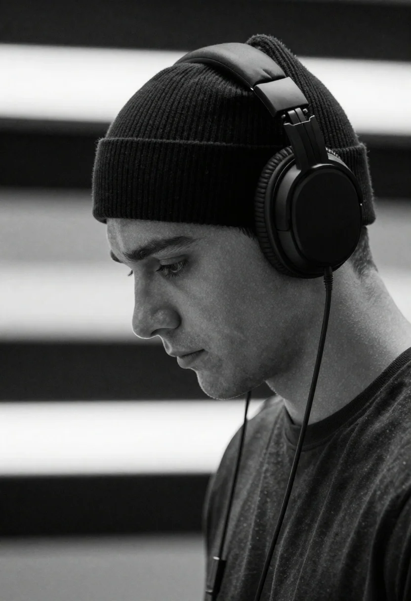 Young Man Profile Wearing Large Over-ear Headphones And Beanie Looks