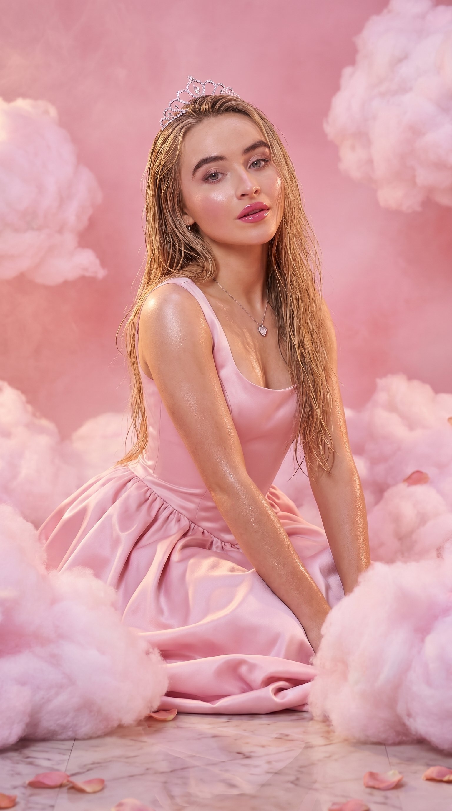 Pink Satin Dress Cotton Candy Clouds Gentle Smile