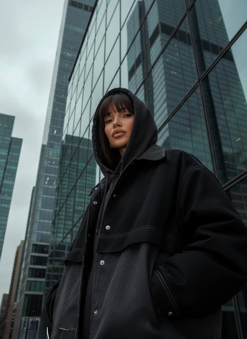 A person in an oversized gray jacket stands close to a glass facade, looking down at the camera, surrounded by skyscraper reflections.