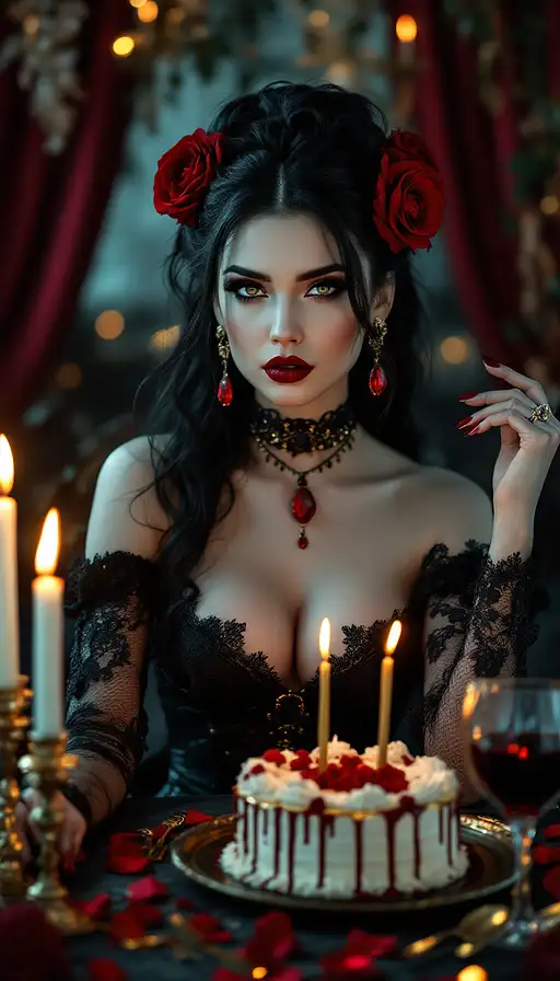 A stunning gothic woman with pale skin seated at a candlelit table adorned with red roses and a designer birthday cake.