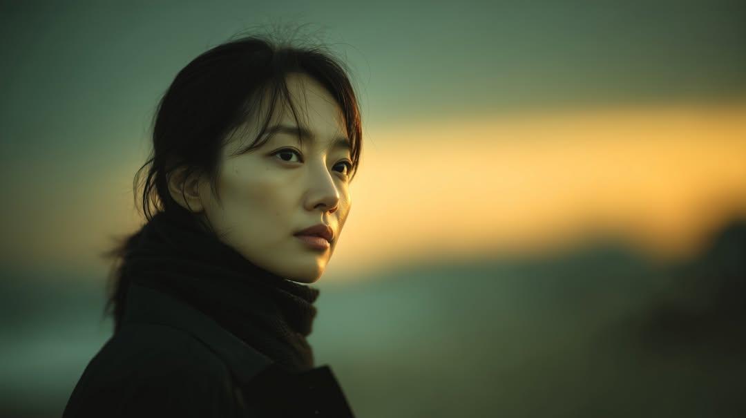 Side-profile close-up of a woman in a black coat, under soft golden hour lighting, gazing into the distance with a blurred landscape behind her.