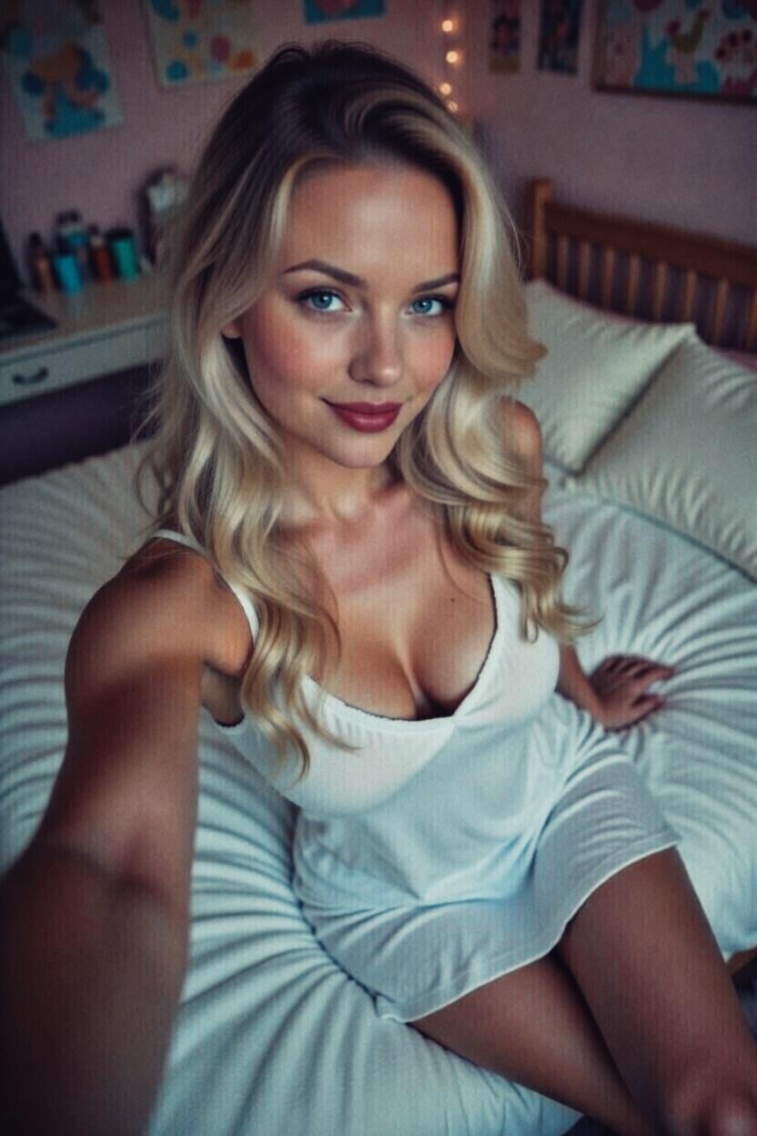 Medium shot selfie of a person in a sheer slip dress sitting on a tufted bed with plush pillows and fairy lights.