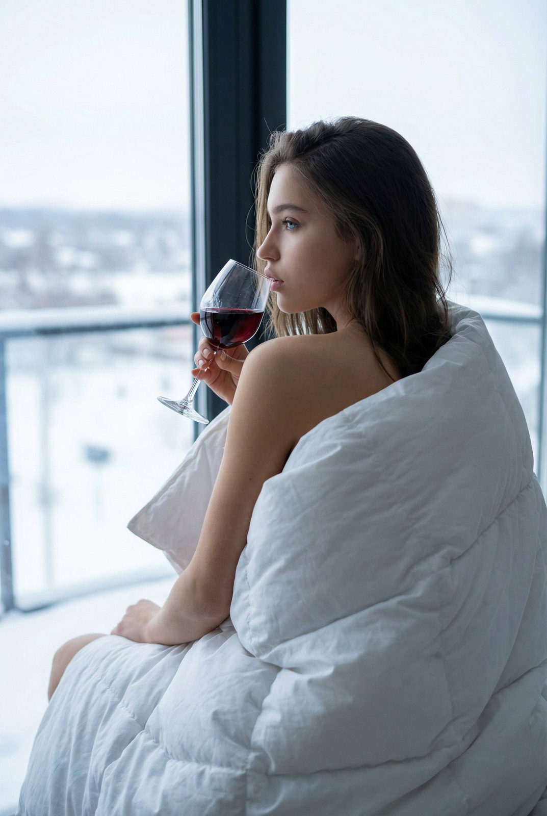 A woman wrapped in a down blanket, gazing thoughtfully out a winter balcony window, red wine glass in hand.