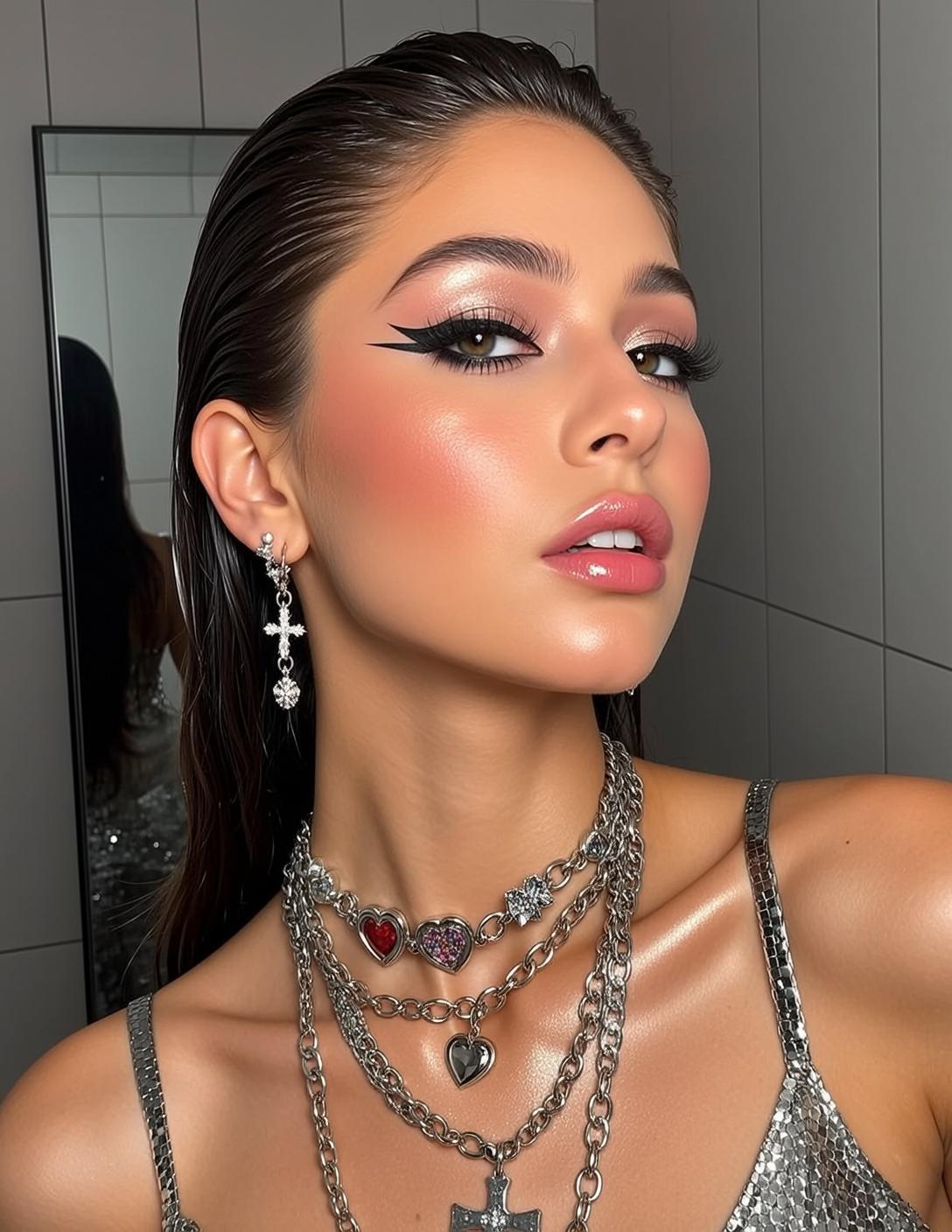 Photorealistic Portrait Young Woman With Wet Dark Hair Slicked Back