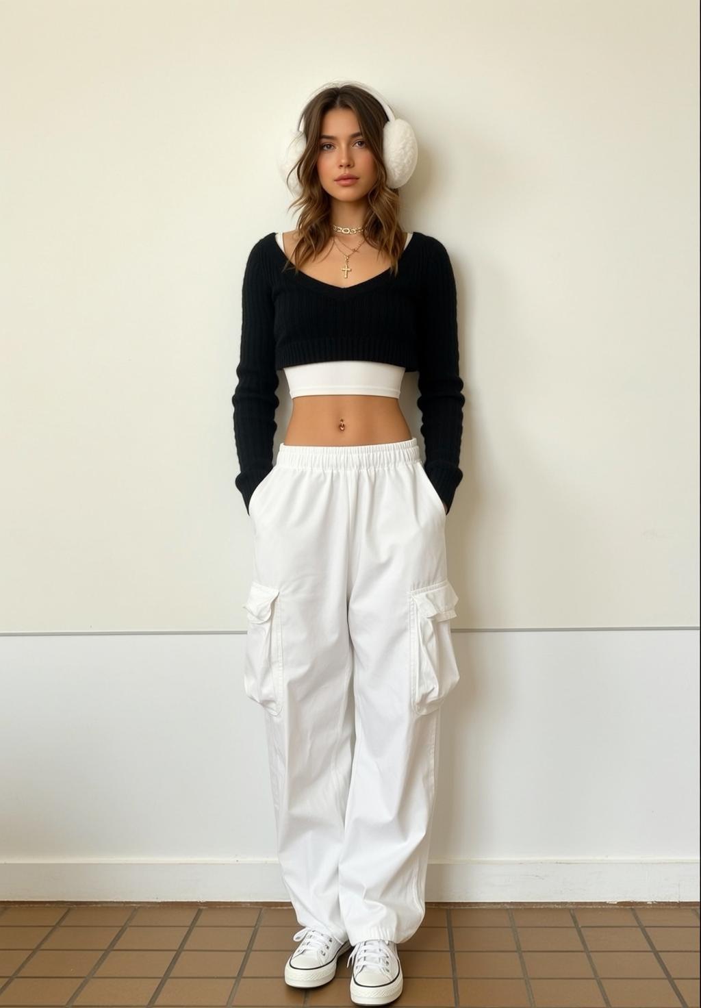 White Cargo Pants Black Sweater Fluffy Earmuffs