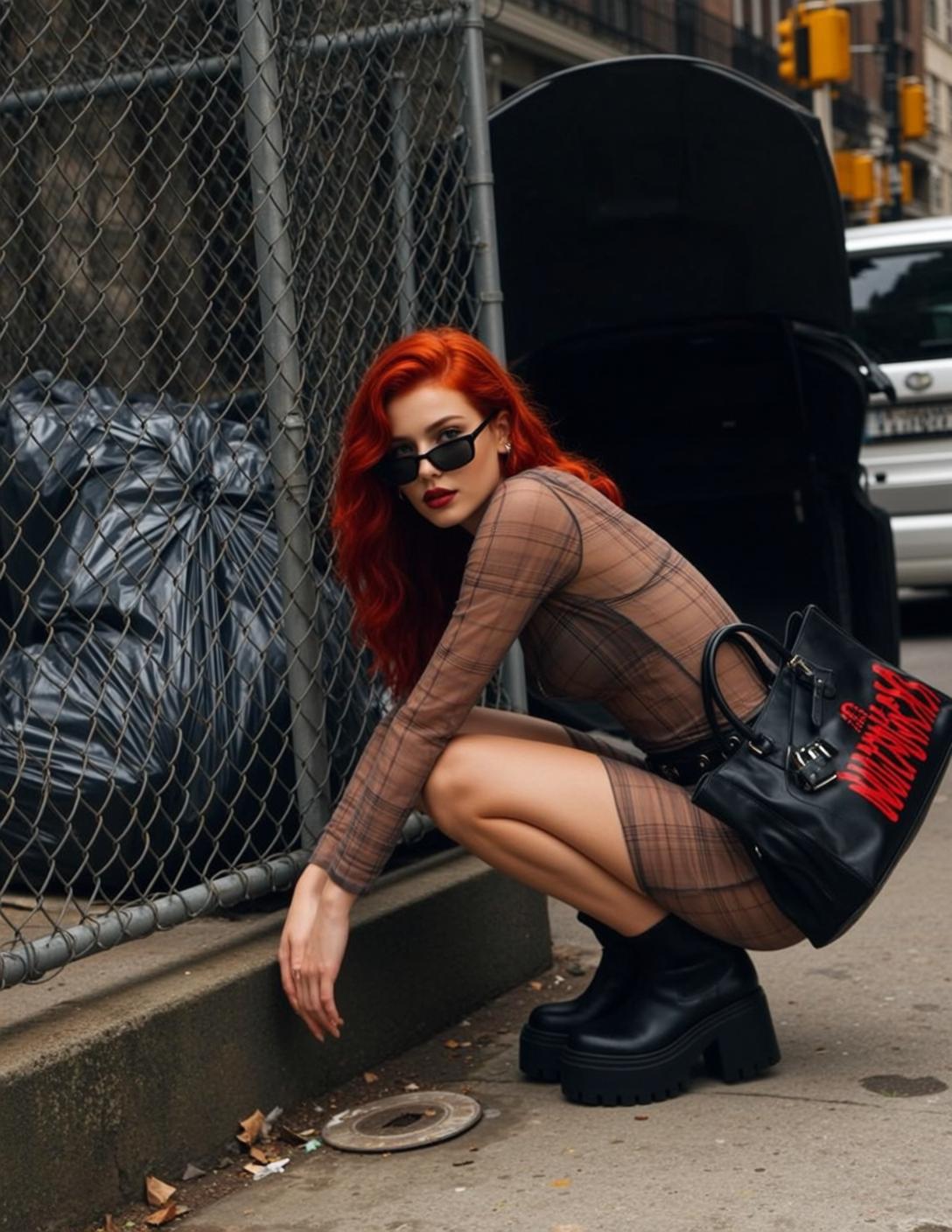 Red Haired Woman Crouching Urban Street Chain Link Fence