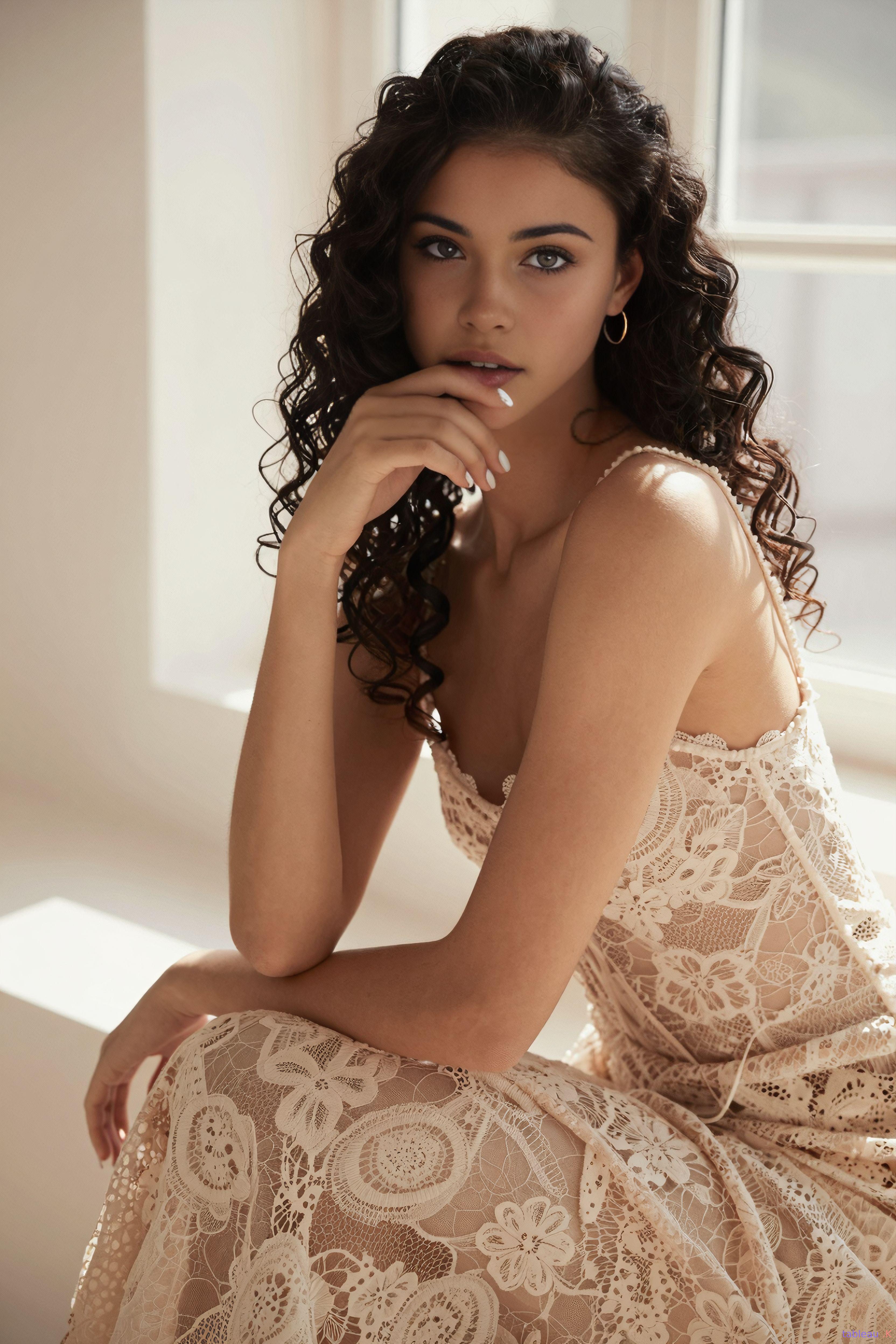 Beige Lace Dress By Window Soft Light