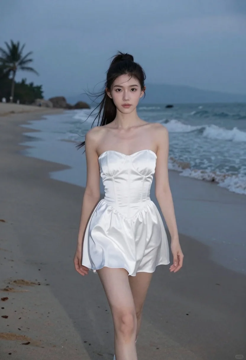 Young Woman With Dark Hair Pulled Back High Ponytail Walks