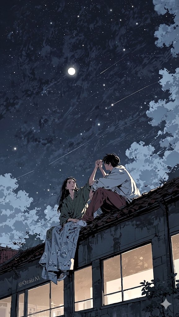 Anime Couple on a Moonlit Rooftop