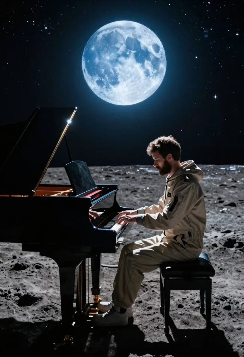 Cinematic Wide Shot Man Playing Grand Piano The Lunar Surface