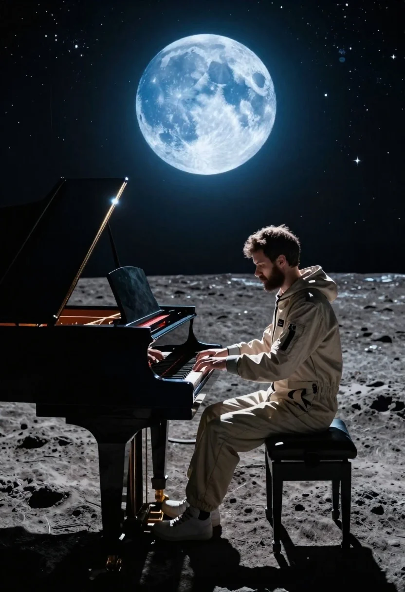 Cinematic Wide Shot Man Playing Grand Piano The Lunar Surface reference photo