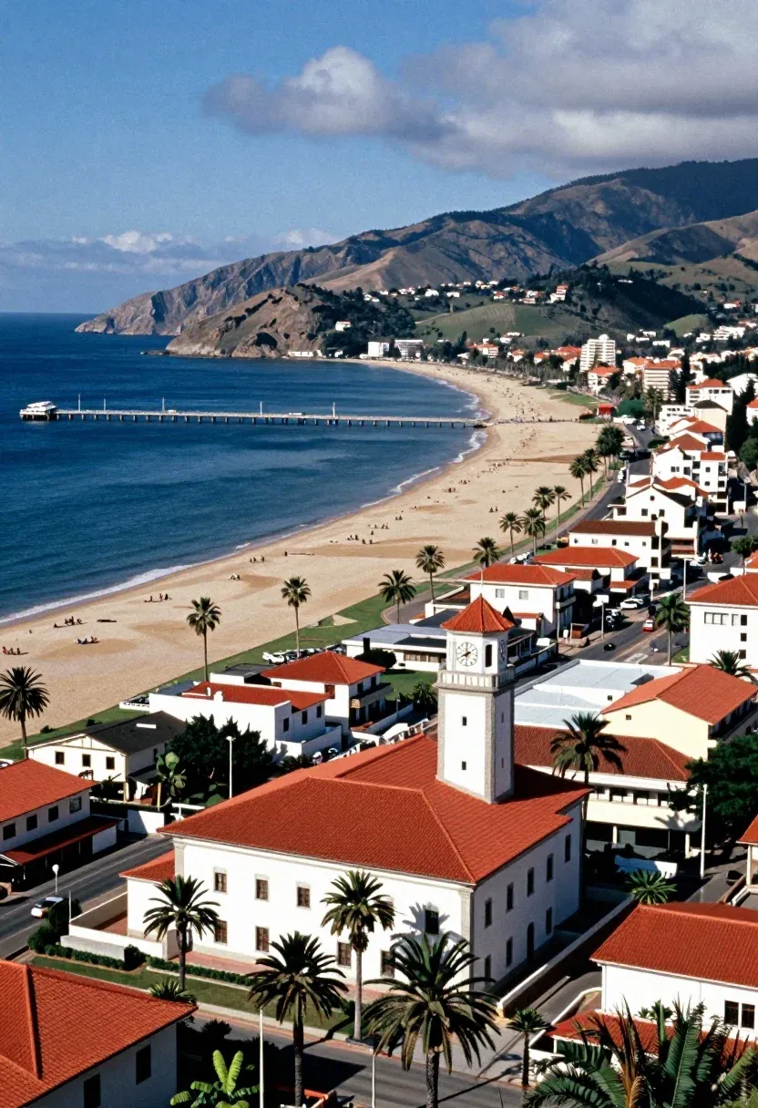 Sweeping Aerial View Coastal Town Nestled Between Rolling Hills And