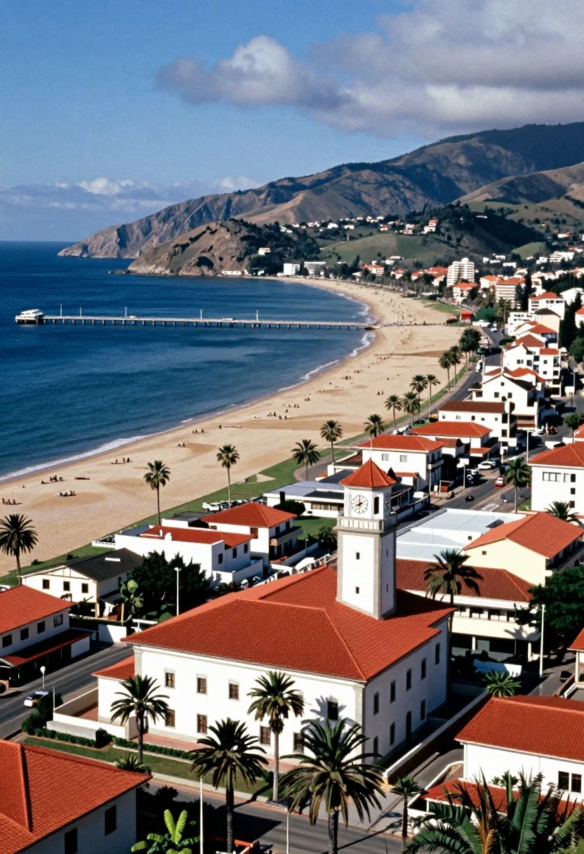 Sweeping Aerial View Coastal Town Nestled Between Rolling Hills And