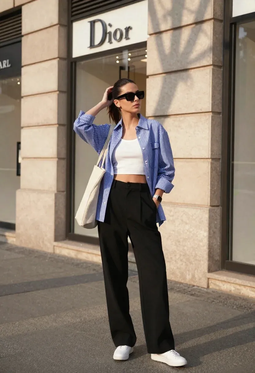 Stylish Young Woman Stands Confidently City Sidewalk Front Luxury Storefront