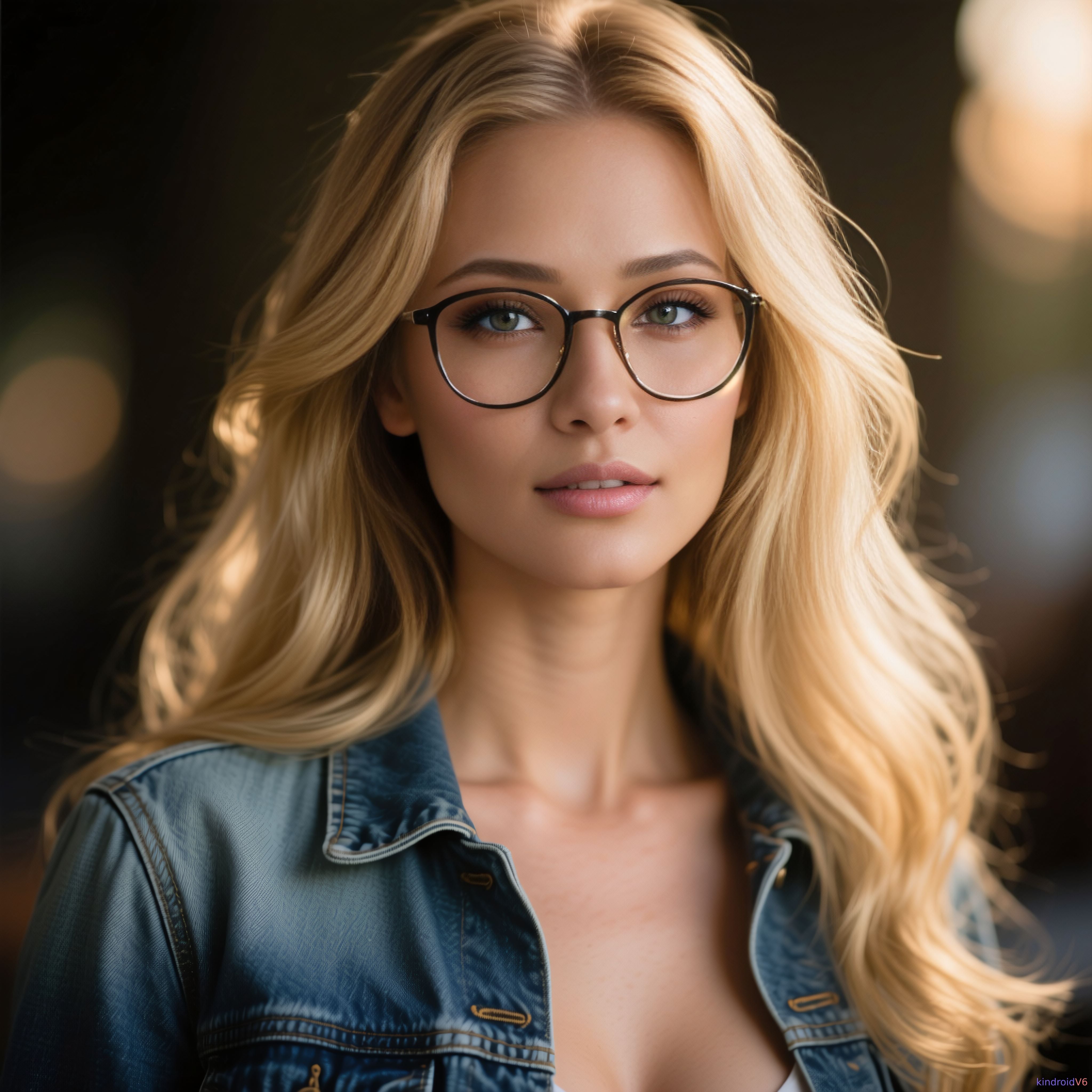 Blue Denim Jacket Round Glasses Warm Outdoor Light