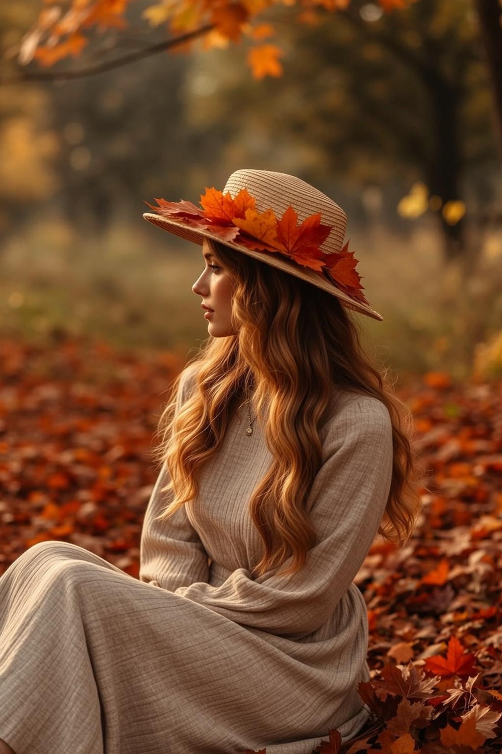 Beige Dress Autumn Forest