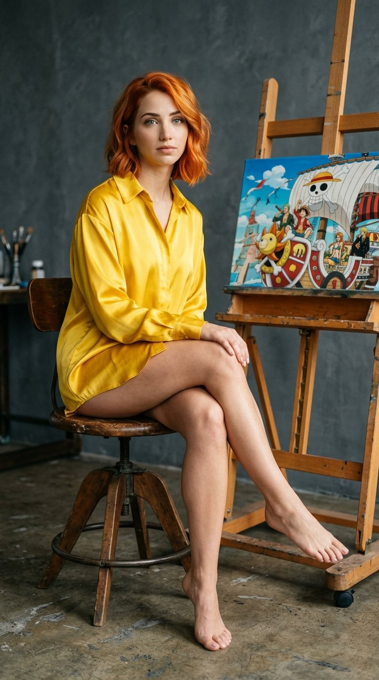 Anne Hathaway seated in a shiny blue satin shirt, elegantly positioned on a wooden stool against a dark grey plaster wall, glowing under soft studio lighting.