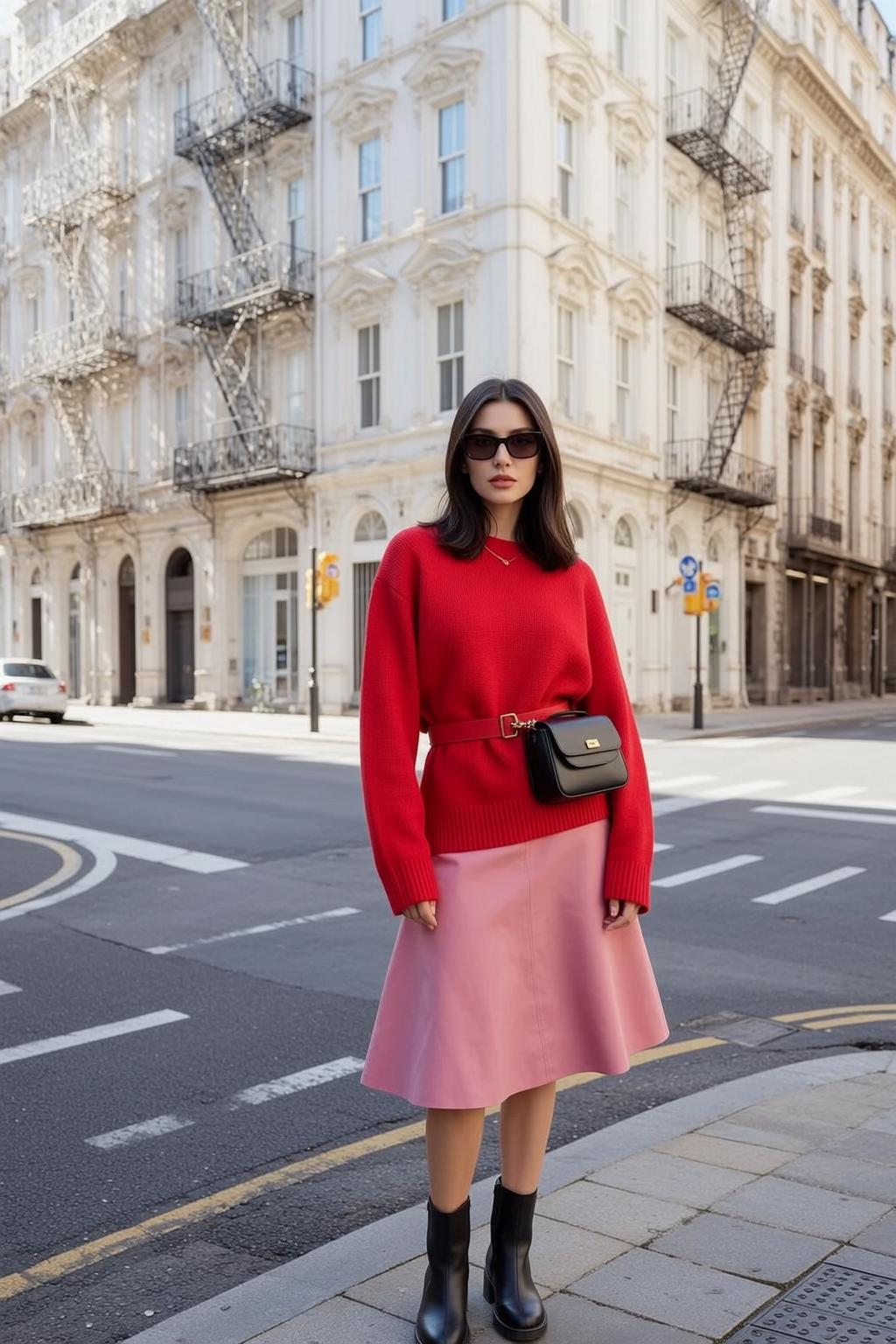City Street Sunglasses Gold Necklace Red Shirt
