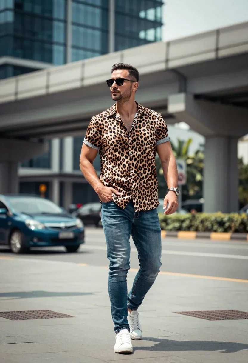 Man Walking Confidently Paved City Street With Blurred Urban Background