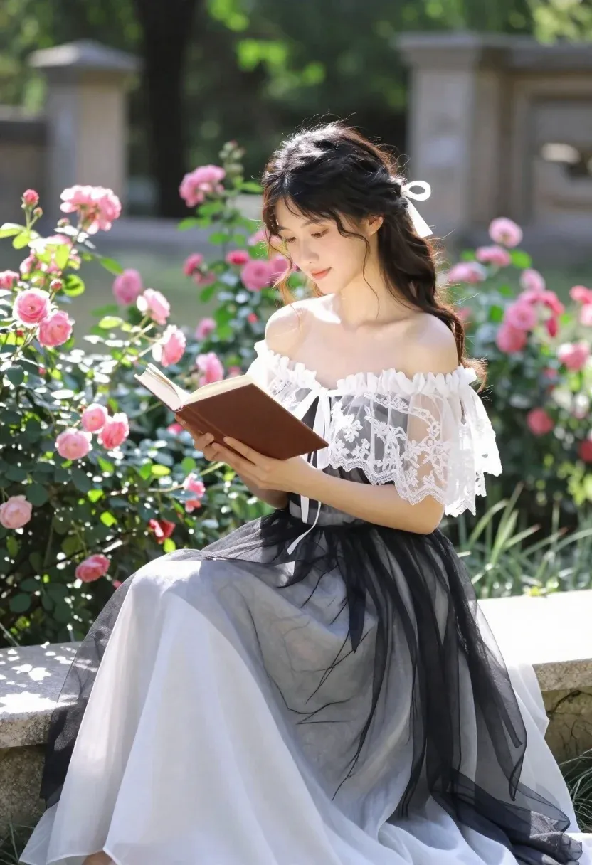 Young Woman With Dark Wavy Hair Sits Gracefully Reading Book