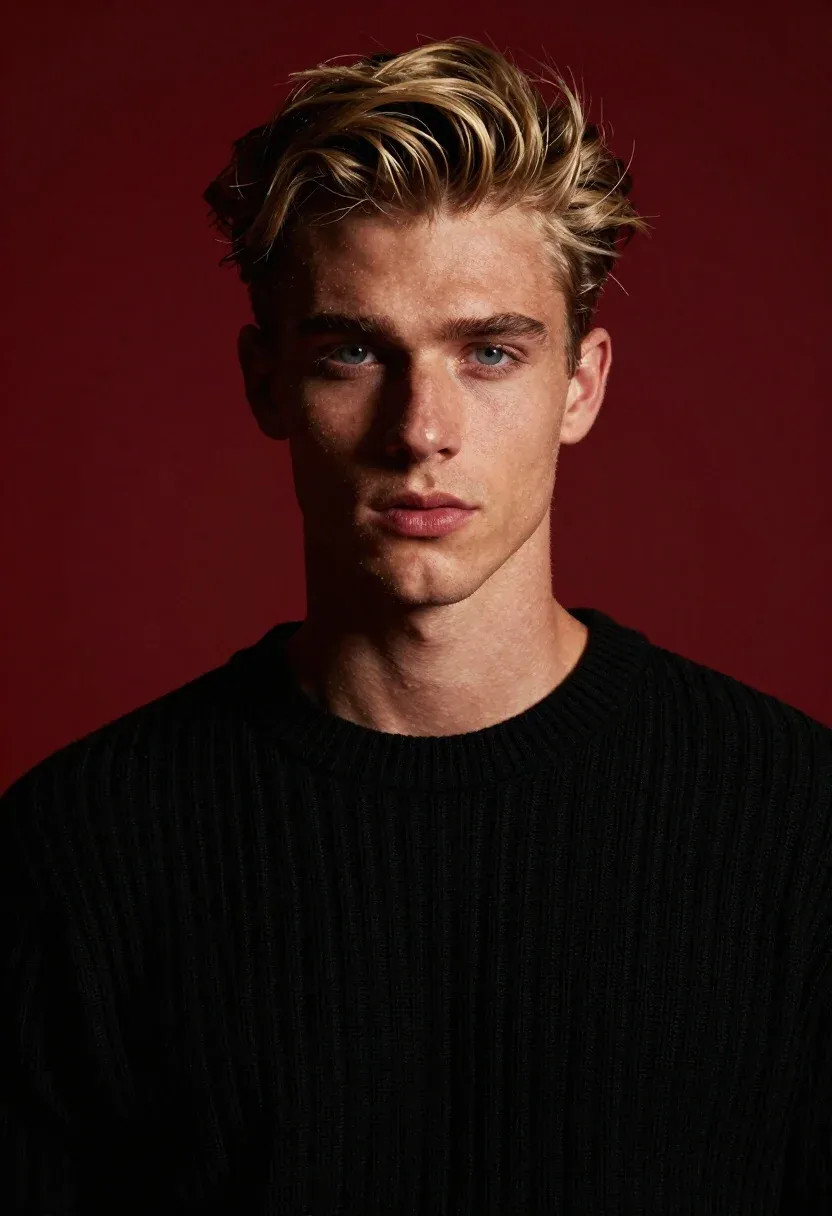 Portrait Young Man With Styled Blond Hair And Blue Eyes