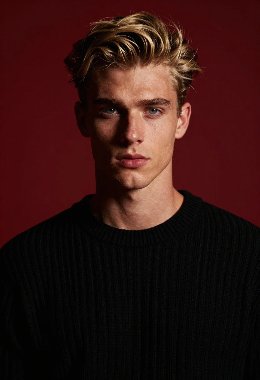 Portrait Young Man With Styled Blond Hair And Blue Eyes reference photo