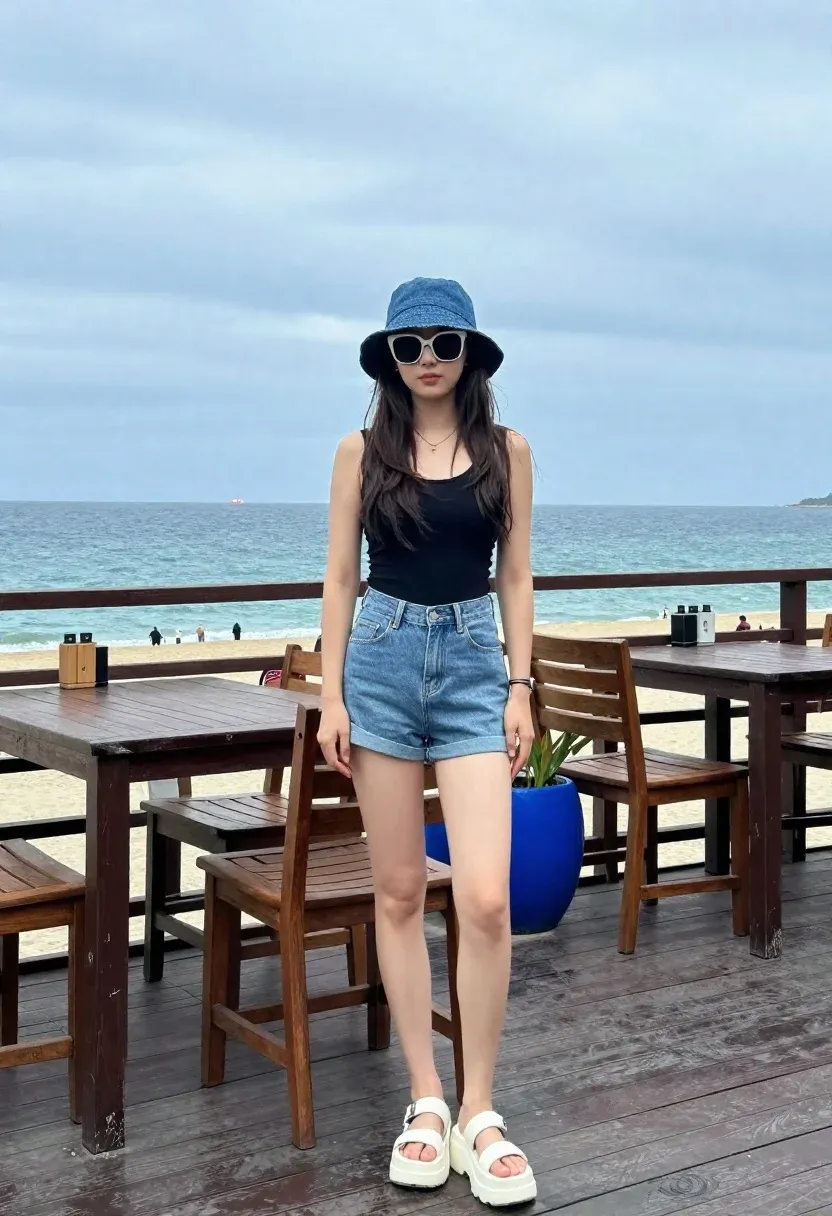 Woman Stands Wooden Deck Seaside Resort With The Ocean And