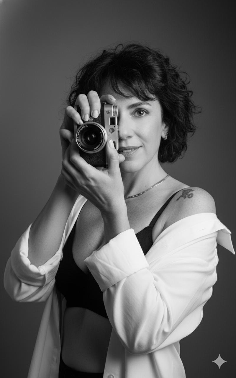 Self-portrait of a woman in front of a mirror holding a Leica camera, angled body, soft studio lighting highlighting facial contours.