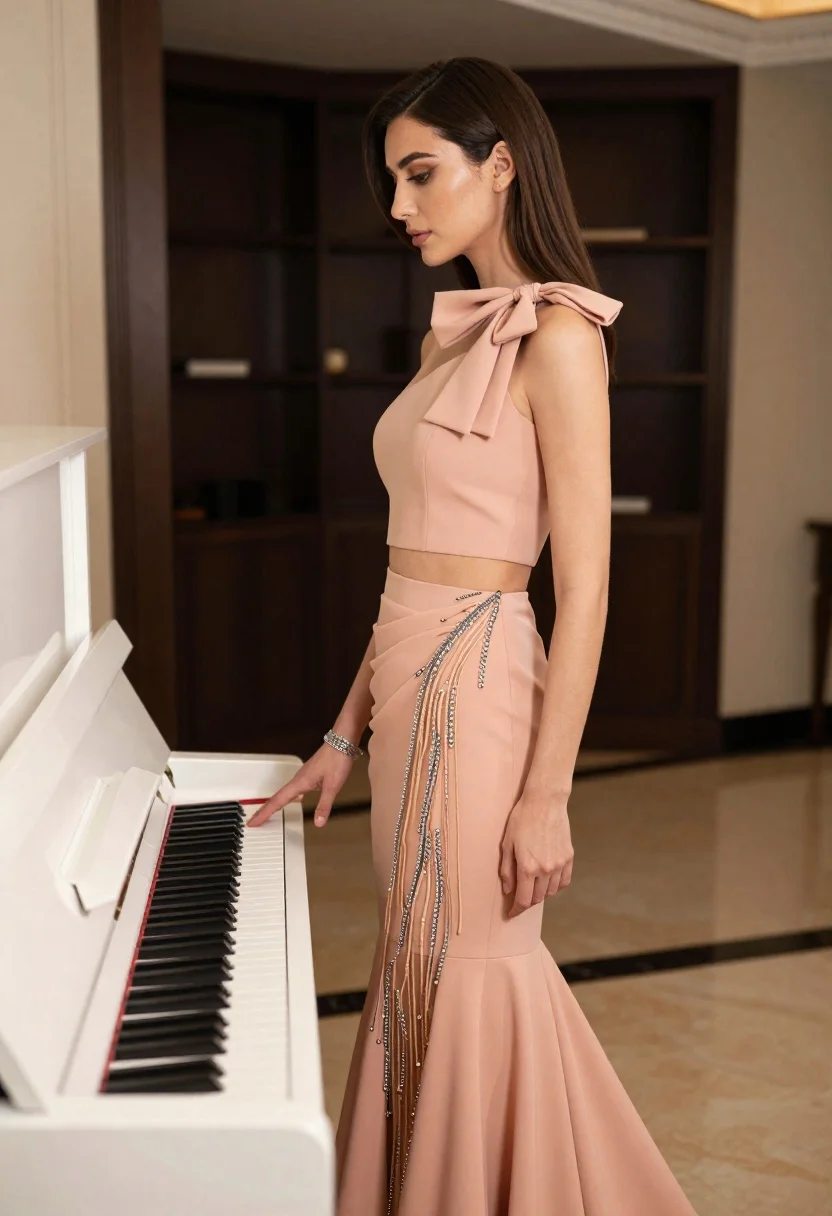 Woman Profile Stands Beside White Upright Piano Her Hand Resting reference photo