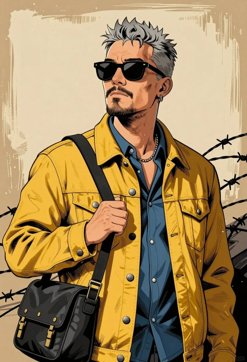 Confident Man With Spiky Grey Hair And Goatee Stands Stylized
