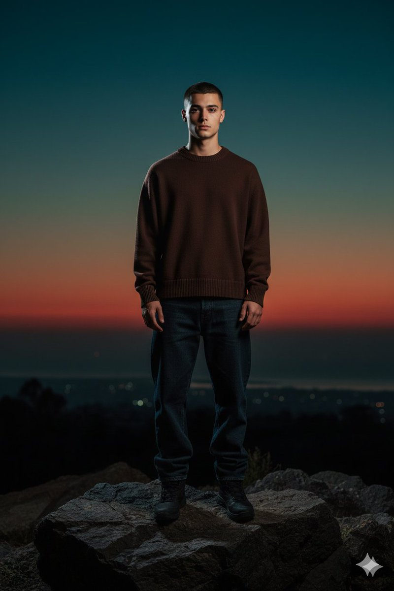 A full-body portrait of a man standing on a rock at sunset, wearing a dark brown sweater and loose dark jeans against a vibrant twilight sky.